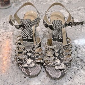 Isaac Mizrahi Live, snake print wedge style fisherman cage sandals.